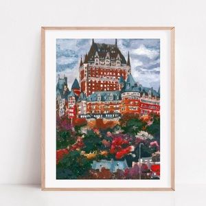 Frontenac Chateau, Quebec city Gouache Print, Fall season decor, canada 8.5x11in
